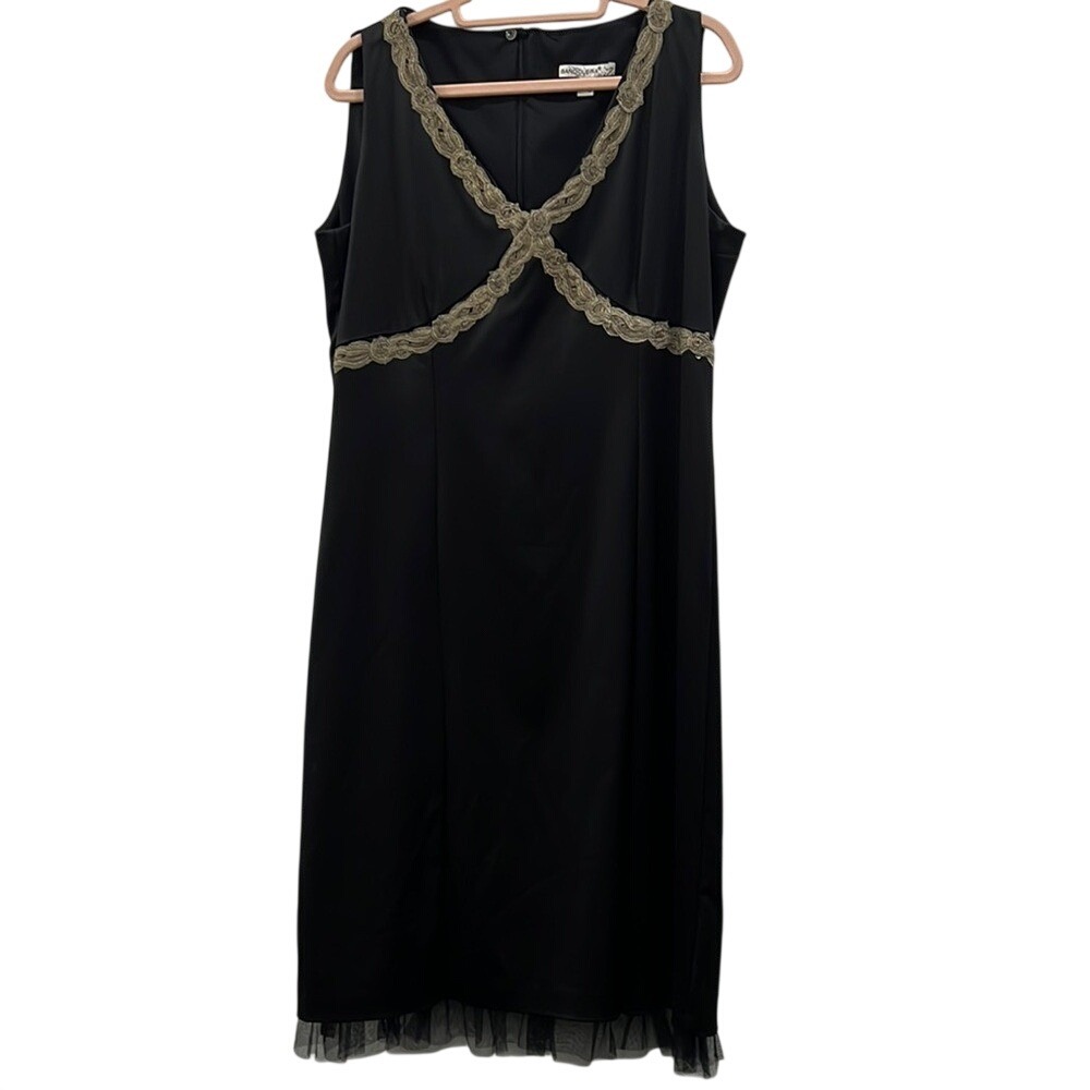 Bandolera Italian Black Satin with Tan Trim and Tulle Midi Dress EUR‎ 44 US 12